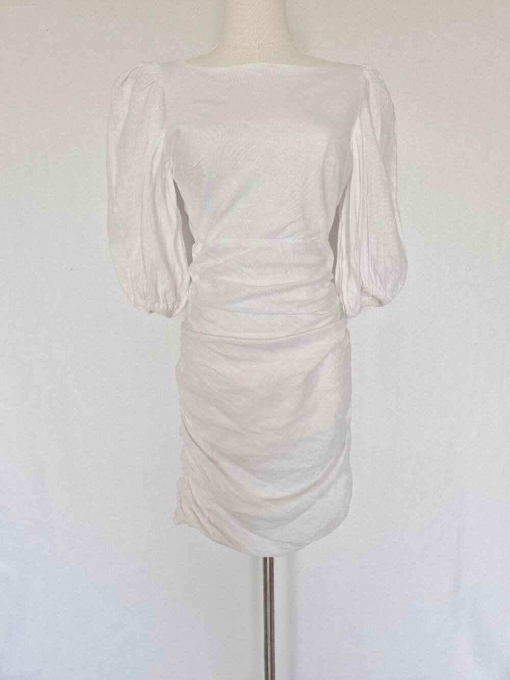 Showpo. 100% Linen Puff Sleeves Ruched Sexy Open Back Mini Dress White - Picture 6 of 16